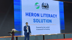Andy Shafran, founder and CEO of BLue Heron Global speaks at a conference in Shanghai, China, to introduce Lexile measures to English teachers.
