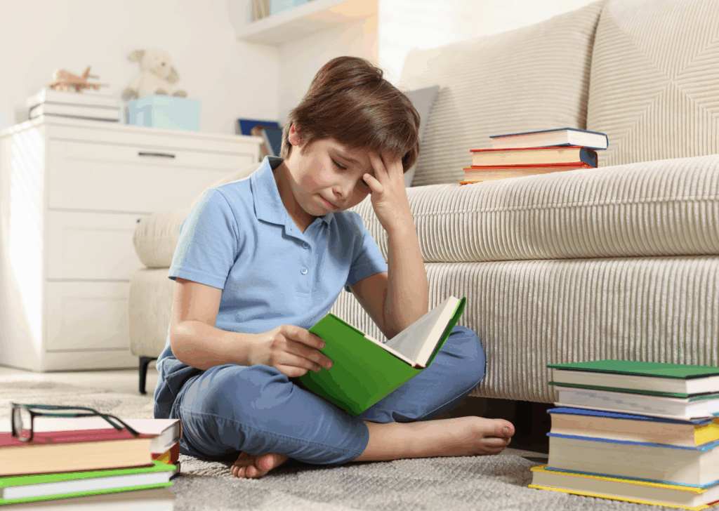 A young student struggles to read a book.