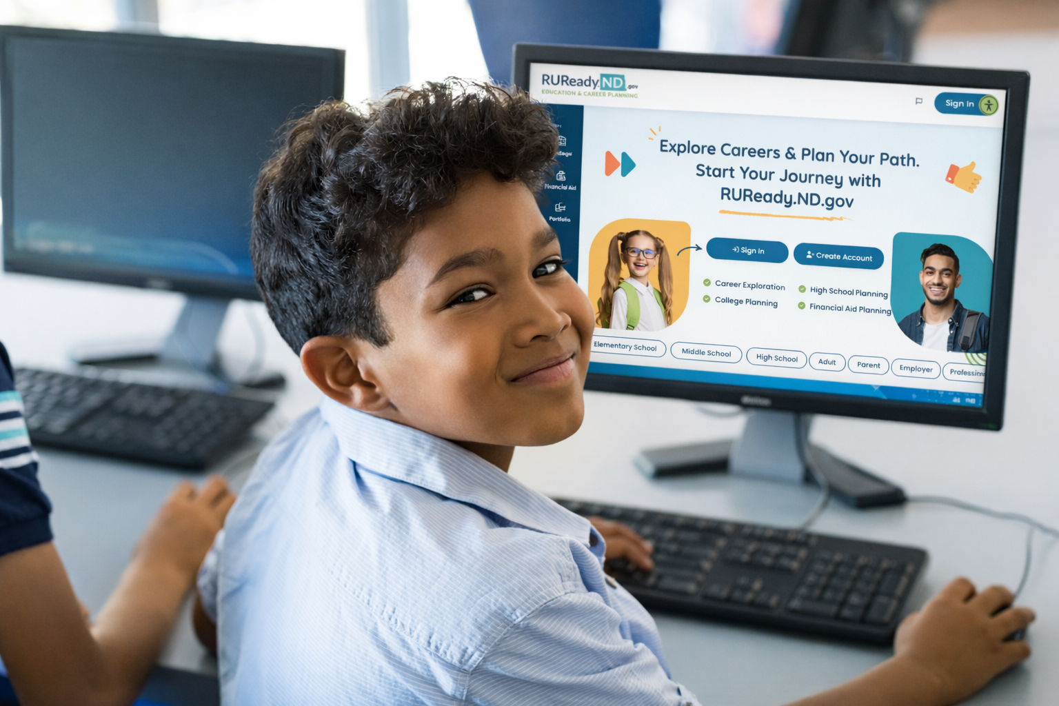 A student in North Dakota uses the new RUReady.ND.gov platform to explore career pathways and review the Lexile and Quantile measures of entry-level materials if they enter they enter their chosen field.
