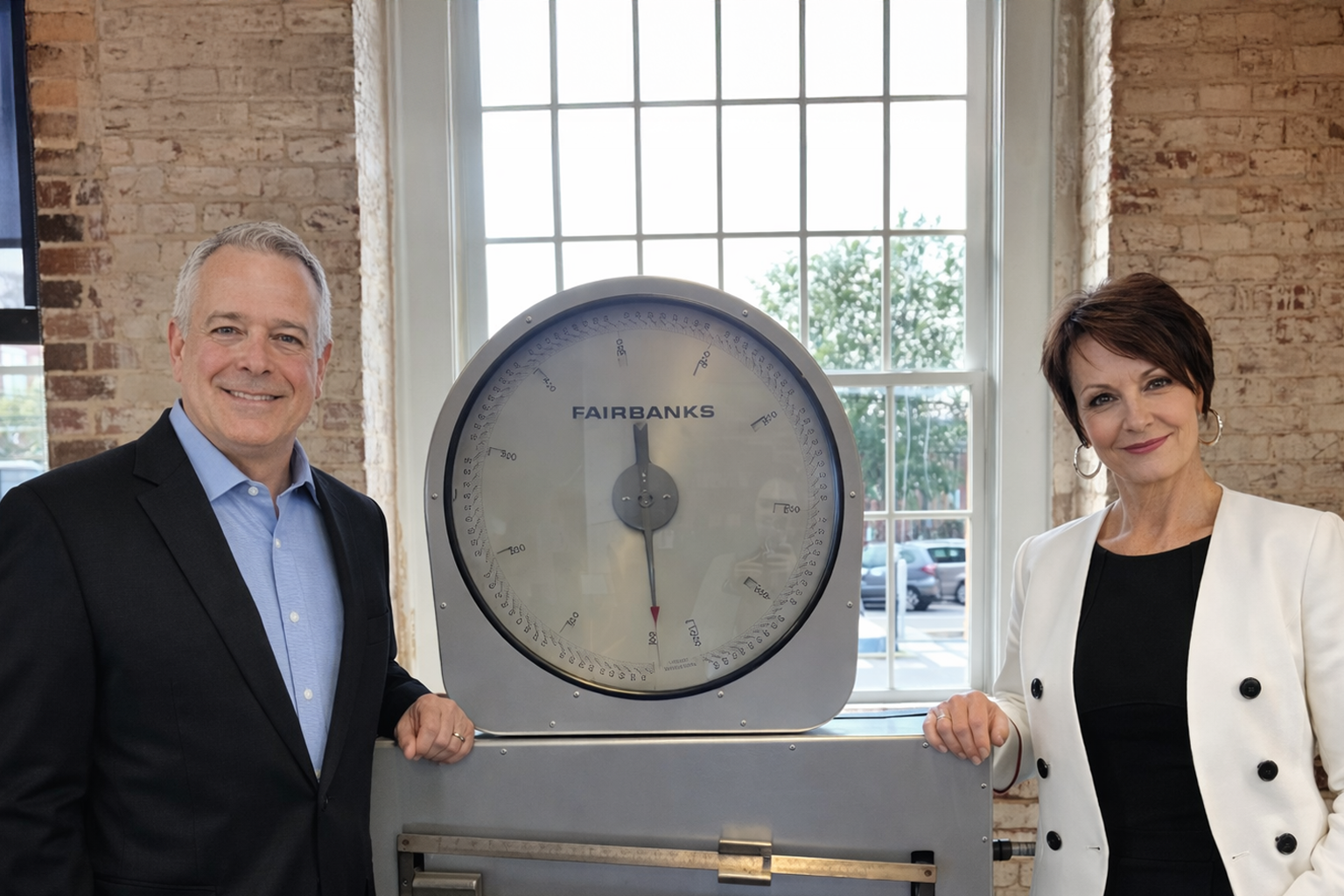 Fred McDaniel, Ph.D., Chief Academic Officer, and Melody Schopp, Ph.D., Vice President for Government Relations, flank the industrial scale in the MetaMetrics' office in Durham, NC. Original to the building, today this scale is a nod to the Lexile and Quantile scales for measuring reading and math, developed by MetaMetrics.