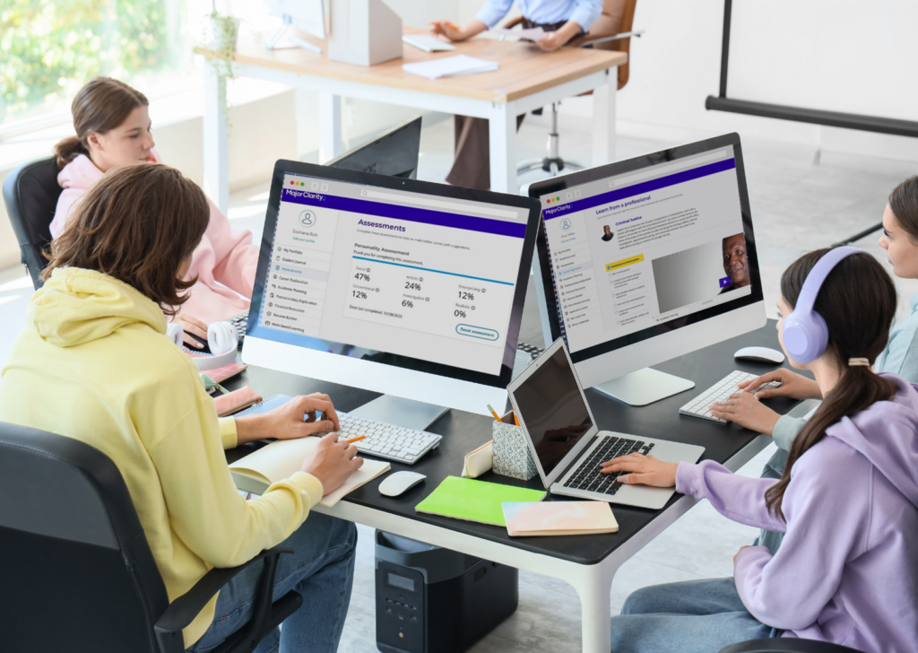 Students on computers explore Edmentum's MajorClarity career exploration platform, which integrates Lexile reading measures and Quantile math measures.